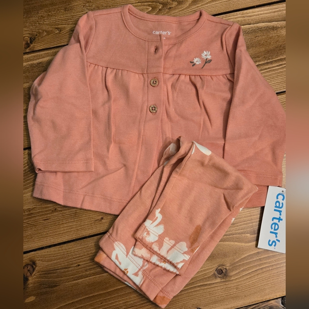 Carter's Pink Peach Floral Baby Girl Embroidered Matching Set